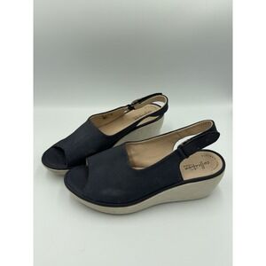 Clarks Reedly Shania Blue Leather Wedge Sandals Size 9 Wide Open Toe Comfort
